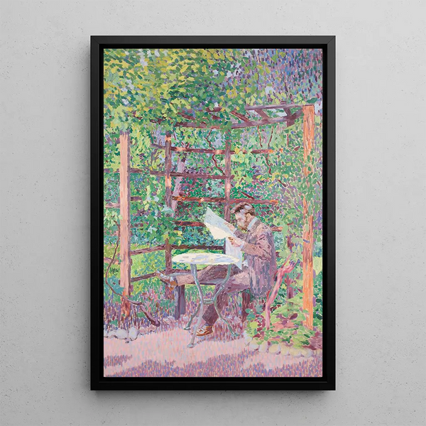 man lezend in een pergola - Rudolf Junk — ingelijst kunstwerk aan de muur