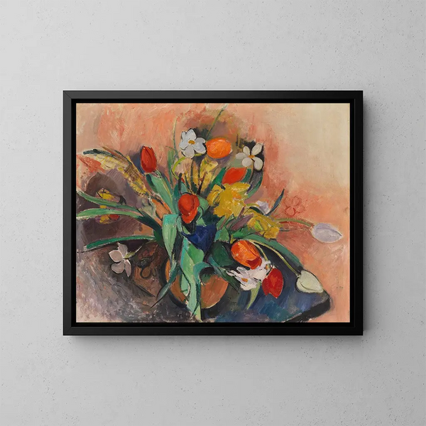 vaas met tulpen en narcis, Rudolf Levy — ingelijst kunstwerk aan de muur