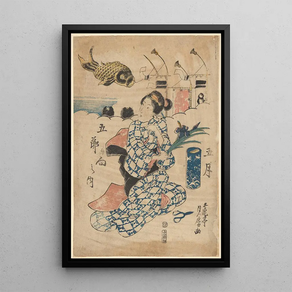 Vrouw die een iris vasthoudt, rivierkust, groot vis op de achtergrond - Sadafusa Utagawa — ingelijst kunstwerk aan de muur
