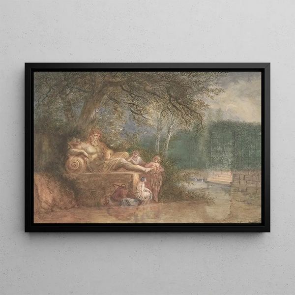 Salomon Gessner - A Park with Figures at a Statue near Water.webp