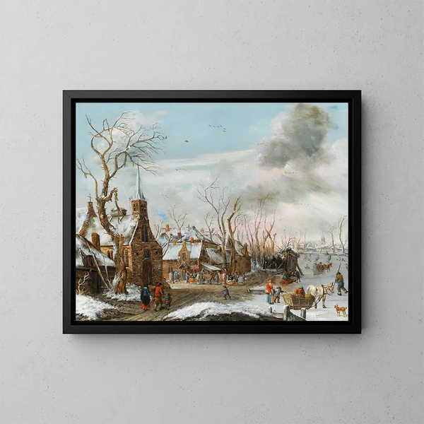 A winter landscape with a market scene - Salomon Rombouts — framed artwork on a wall