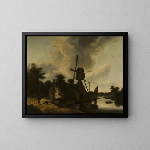 Landscape with a Windmill - Salomon Rombouts — framed artwork on a wall
