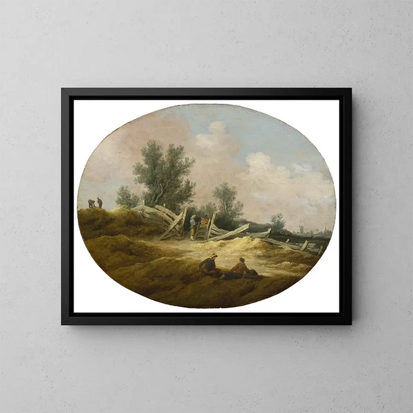 Landscape painting with a wooden fence and figures - Salomon van Ruysdael — framed artwork on a wall