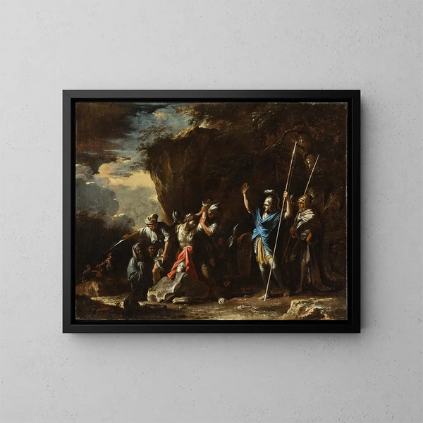 scène uit de Griekse geschiedenis: de stomme zoon van koning Crésus voorkomt dat de Perzen zijn vader doden - Salvator Rosa — ingelijst kunstwerk aan de muur
