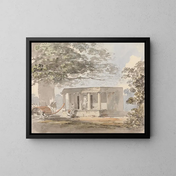 a European gentleman entering a bungalow in India - Samuel Davis — framed artwork on a wall