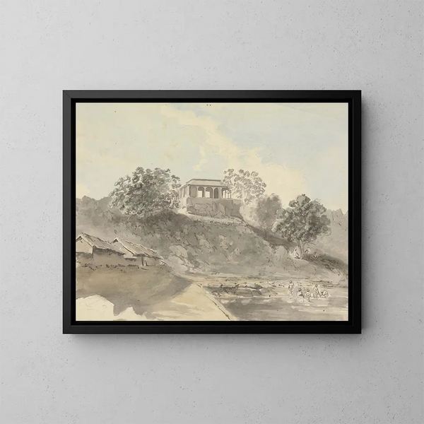 River scene painting with buildings - Samuel Davis — framed artwork on a wall