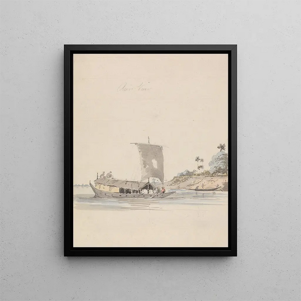 Vue sur la rivière avec une jonque près de Rajmahal - Samuel Davis — ingelijst kunstwerk aan de muur