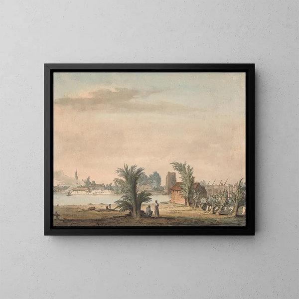 Church and Putney Bridge - Samuel Hieronymus Grimm — framed artwork on a wall