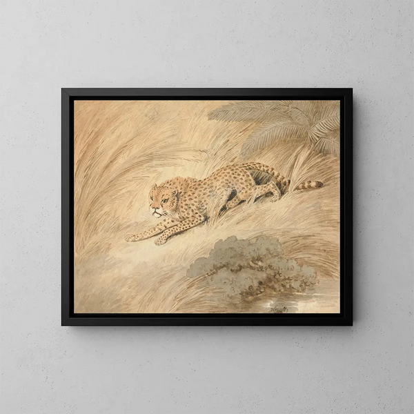 A crouching cheetah near a pond - Samuel Howitt — framed artwork on a wall