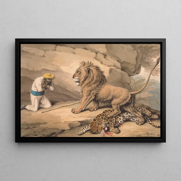 Een leeuw die rechtop staat op een gewonde luipaard - Samuel Howitt — ingelijst kunstwerk aan de muur