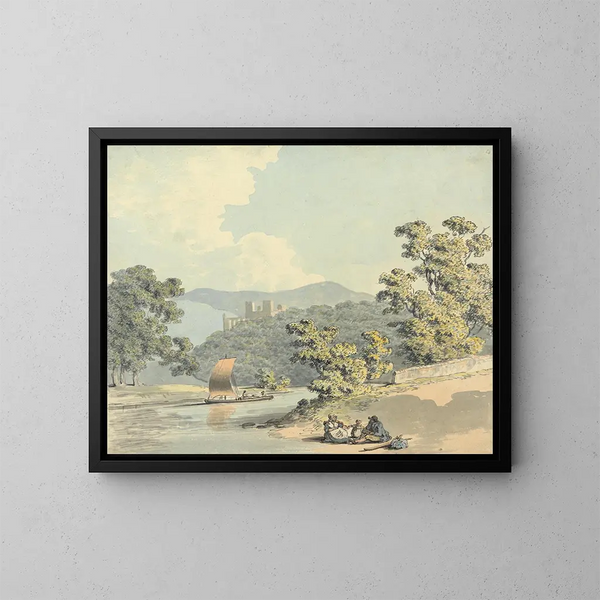 Campagnard with a child by a river - Samuel Howitt — framed artwork on a wall