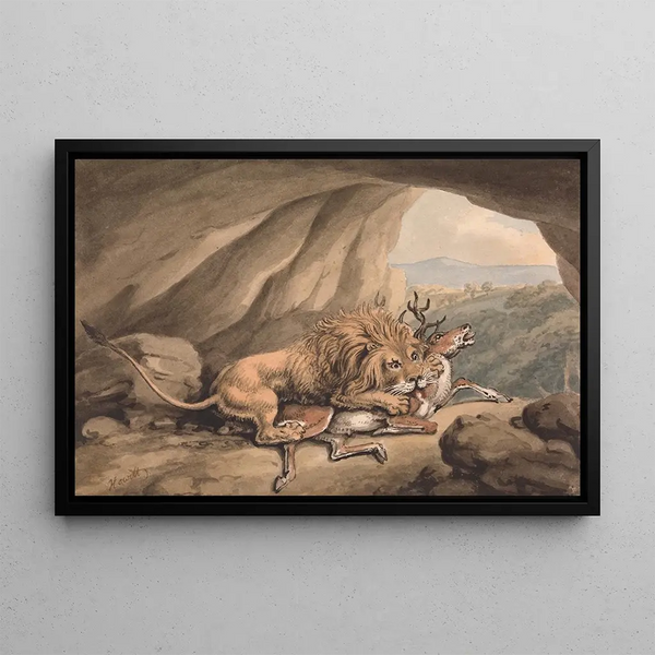 Leeuw die een hert aanvliegt - Samuel Howitt — ingelijst kunstwerk aan de muur