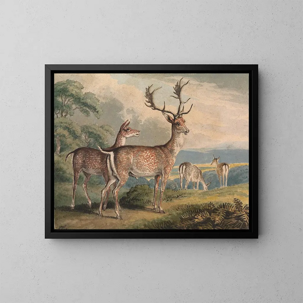 Deer, doe and fawns - Samuel Howitt — framed artwork on a wall