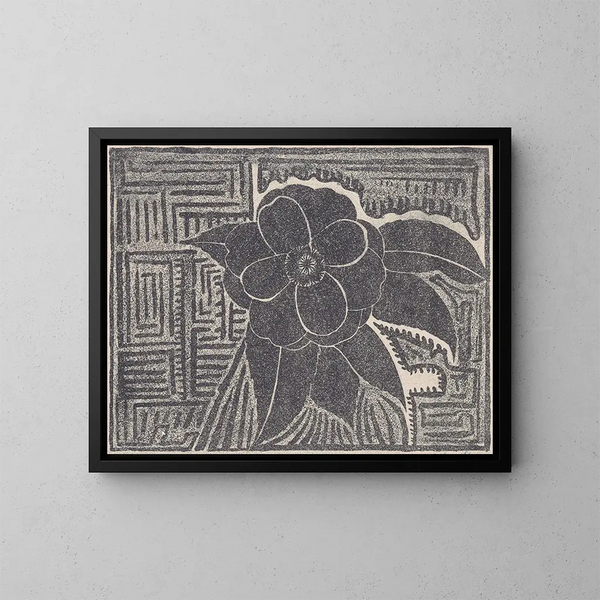 Black Camellia painting around a labyrinthine pattern - Samuel Jessurun de Mesquita — framed artwork on a wall