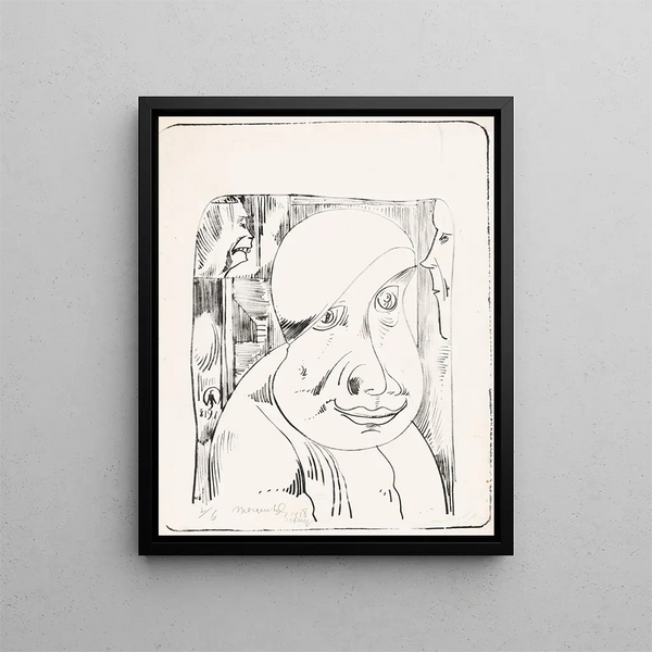 a fantastical masculine head with a crooked cap halfway over the right eye - Samuel Jessurun de Mesquita — framed artwork on a wall