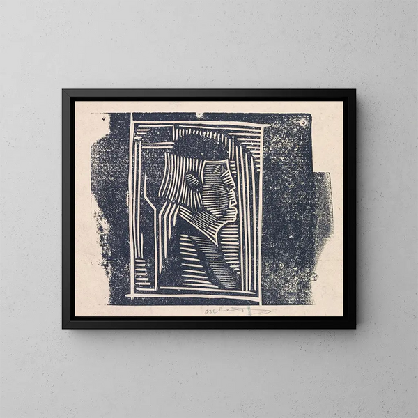 a whimsical head profile in hatching - Samuel Jessurun de Mesquita — framed artwork on a wall