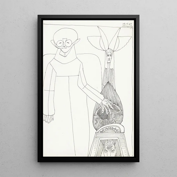Figure in a long coat with the left hand on a globe - Samuel Jessurun de Mesquita — framed artwork on a wall