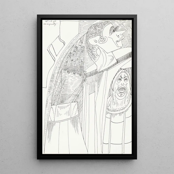 Figure au nez pointu et longs cils de profil vers la droite - Samuel Jessurun de Mesquita — framed artwork on a wall