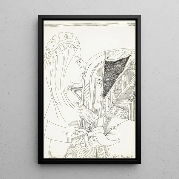 a figure with long hair and a crown on her head in profile facing right - Samuel Jessurun de Mesquita — framed artwork on a wall