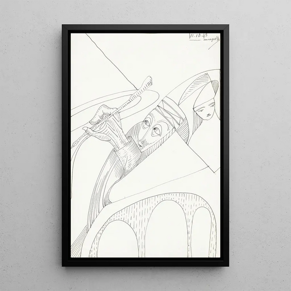 a man with a pen in hand and a figure with a hat - Samuel Jessurun de Mesquita — framed artwork on a wall