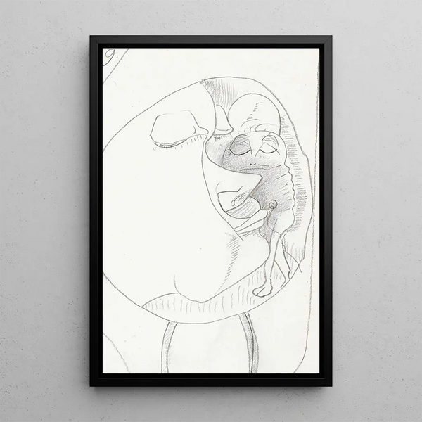 Oval painting with a profile head facing right, two legs, and a head with closed eyes - Samuel Jessurun de Mesquita — framed artwork on a wall