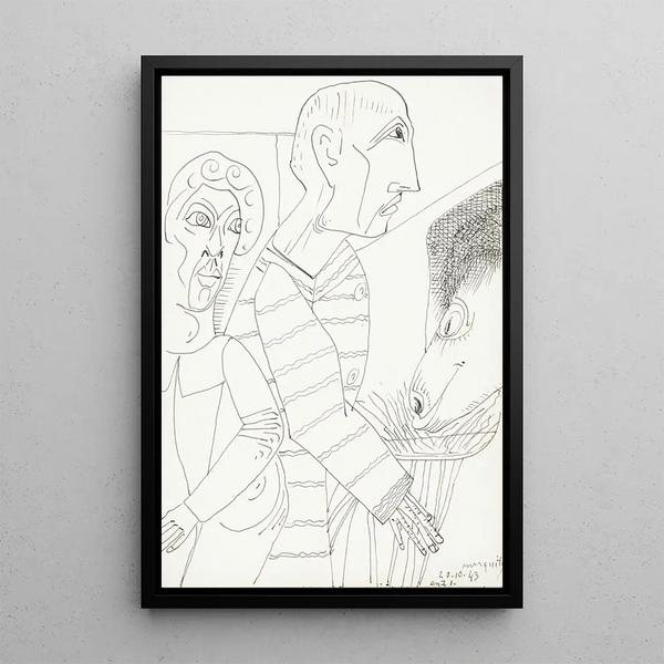 Two figures facing the head of an animal eating hay in a bowl - Samuel Jessurun de Mesquita — framed artwork on a wall