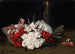 Bloemenboeket in rood en wit met een glas champagne - Samuel John Peploe — weergave van het kunstwerk