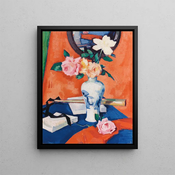 Samuel John Peploe - Roses in a vase against an orange background.webp