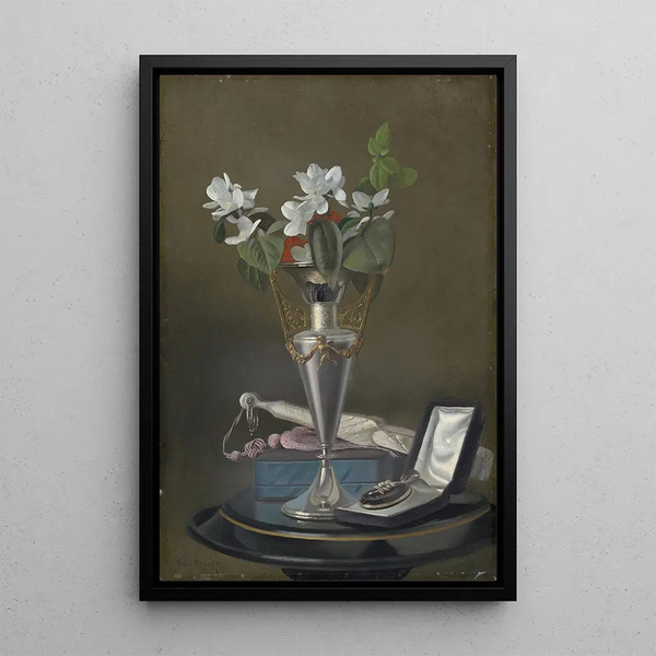 Nature morte avec éventail et pendentif - Samuel Marsden Brookes — ingelijst kunstwerk aan de muur