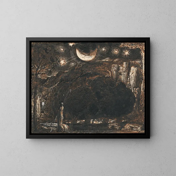 a Shepherd and His Flock Under the Moon and Stars - Samuel Palmer — framed artwork on a wall