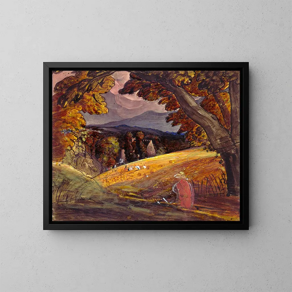 Harvesters in the Firelight - Samuel Palmer — framed artwork on a wall