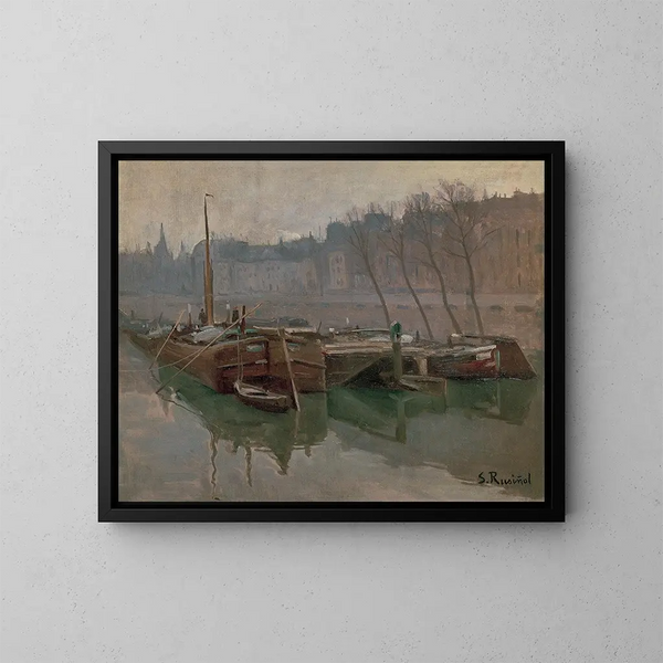 Boats on the Seine - Santiago Rusiñol — framed artwork on a wall