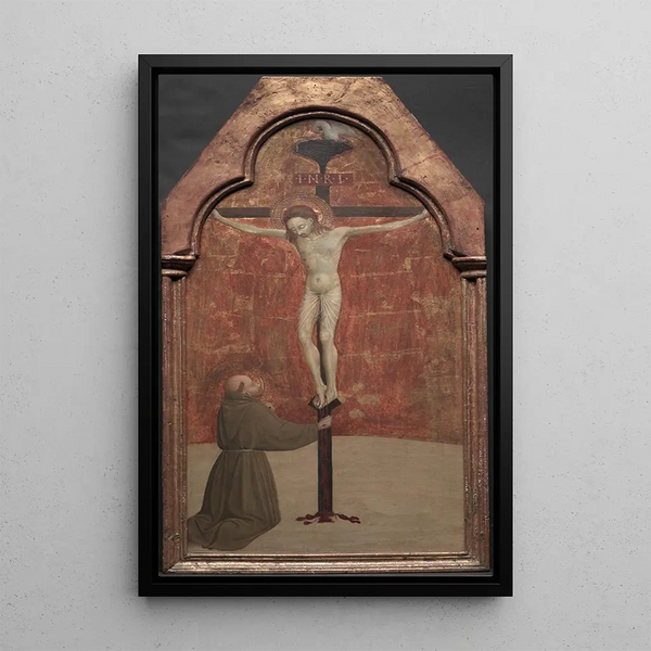 Sint Franciscus knielend voor Christus aan het kruis - Sassetta — ingelijst kunstwerk aan de muur