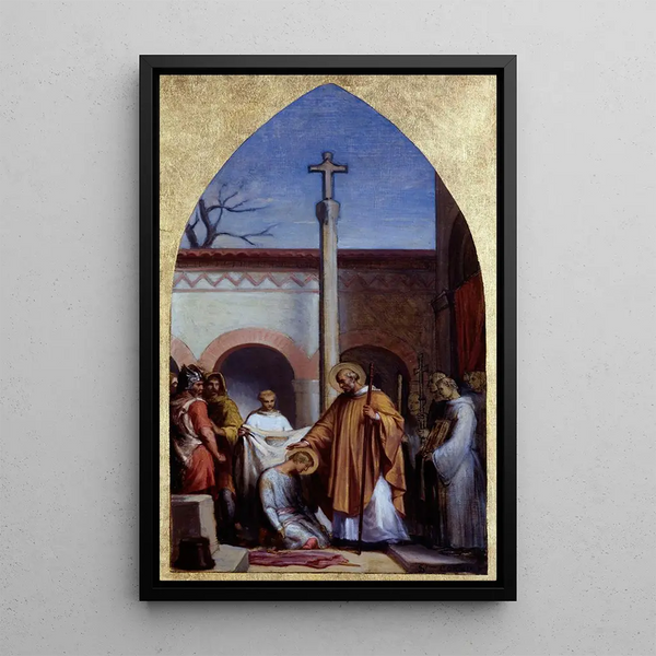 Saint Séverin the hermit giving the monastic habit to Saint Cloud - Sébastien Melchior Cornu — framed artwork on a wall