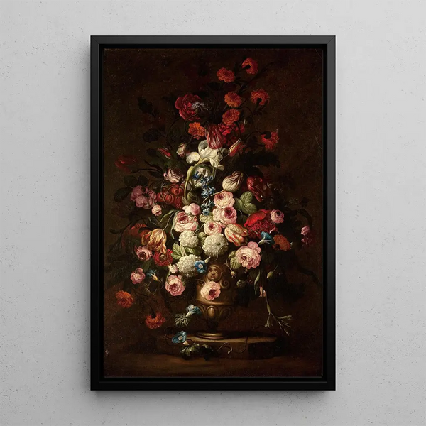Bloemenboeket in een vaas op voet - Ecole de Bartolomeo Bimbi — ingelijst kunstwerk aan de muur