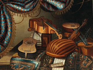School of Bergamo - Musical instruments music scores and books on a table draped with a carpet.webp