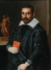 Portret van een heer in drie kwart, houdend een boek met een standbeeld op de achtergrond - School van Bergamo — weergave van het kunstwerk