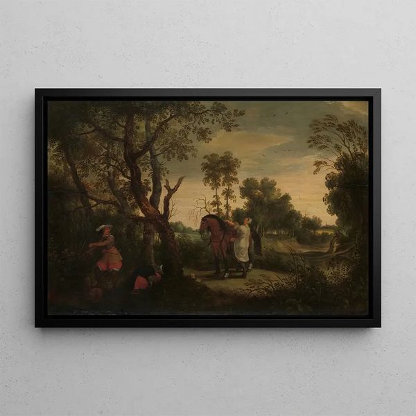 a woman mounting the horse of her thieves known as De Gestrafte Rover - Sebastian Vrancx — framed artwork on a wall