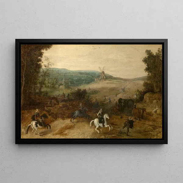 Landscape painting with travelers attacked by thieves - Sebastian Vrancx — framed artwork on a wall