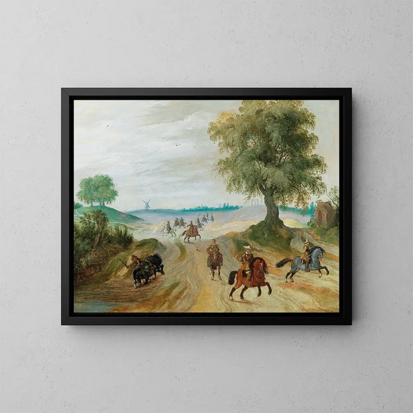 Soldiers on horseback in a landscape - Sebastian Vrancx — framed artwork on a wall