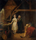 Servante die een dame in een corset naait - Constantinus Fidelio Coene — weergave van het kunstwerk