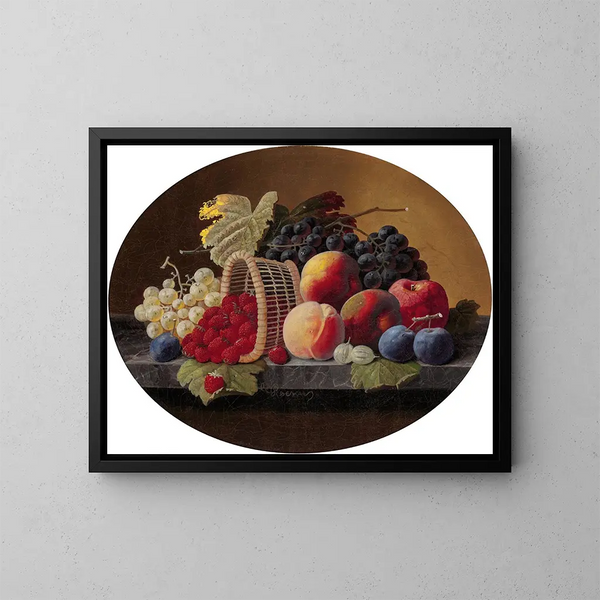 Still life with peaches, grapes, and a basket of strawberries - Severin Roesen — framed artwork on a wall