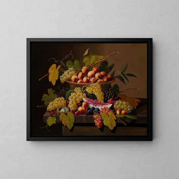 Still life with a basket of fruits - Severin Roesen — framed artwork on a wall
