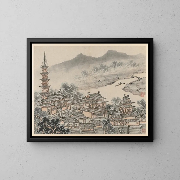 The Hall of a Thousand Buddhas and the Pagoda of the Cloudy Cliff Monastery - Shen Zhou — framed artwork on a wall