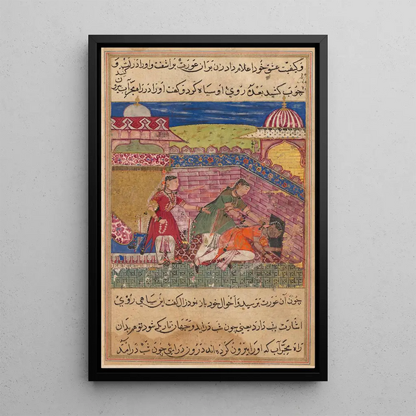 De bedrieglijke vrouw werpt de hoer weg nadat ze haar gezicht heeft zwartgemaakt met een Tutinama Verhalen van een Papegaai Achtste Nacht - Shravana — ingelijst kunstwerk aan de muur