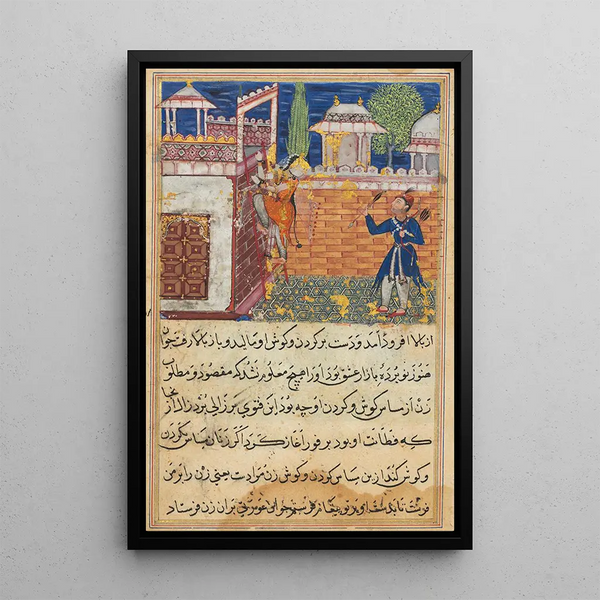 La femme trompeuse retourne à sa terrasse après avoir caressé son amant d'un Tutinama Contes d'un Perroquet Huitième Nuit - Shravana — ingelijst kunstwerk aan de muur