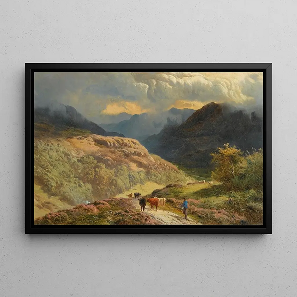 Sidney Richard Percy - Mountainous Lake Scene With Figures And Cattle.webp
