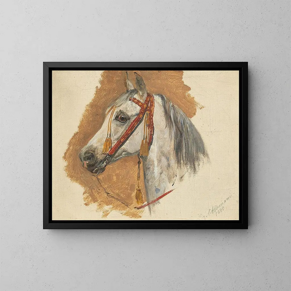 Horse head painting with red bridle - Sigmund L'Allemand — framed artwork on a wall