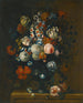 Natuurschilderij met rozen, gemengde tulpen, pioenen, narcissen en andere bloemen in een gesculpteerde vaas - Simon Hardime — weergave van het kunstwerk