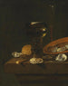 Een wijnglas uit Venetië met een glas met zoete en rode wijn, gevormd met oesters in een omgekeerde schaal en brood op een rand - Simon Luttichuys — weergave van het kunstwerk